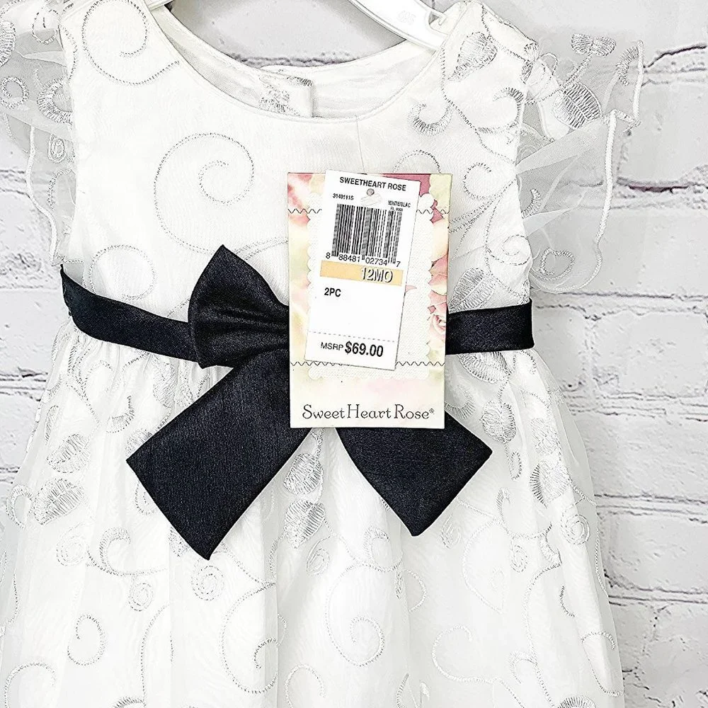 NEW w TAGS SWEETHEART ROSE 12M WHITE DRESS BLK BOW